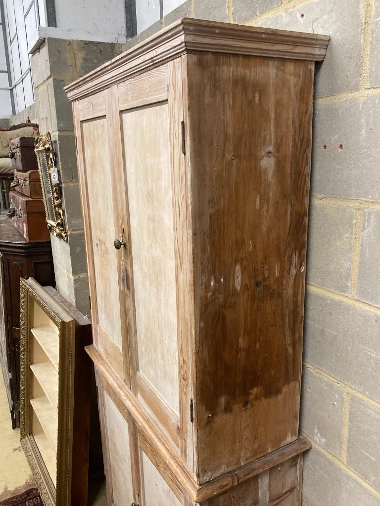 A Victorian pale pine two-sectional kitchen cupboard, width 93cm, depth 37cm, height 195cm